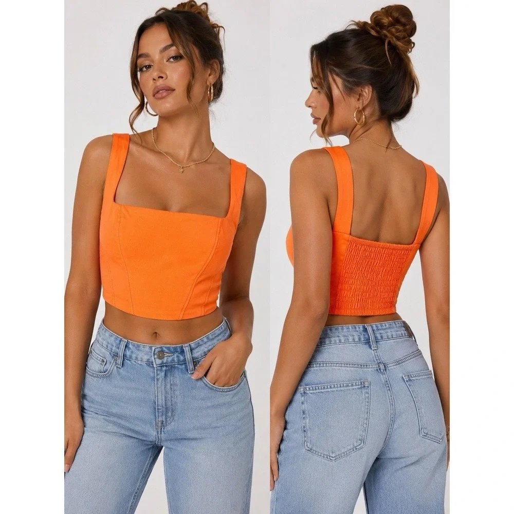Stradivarius Neon Orange Corset Crop Top Ruched Back Y2K Club Festival L